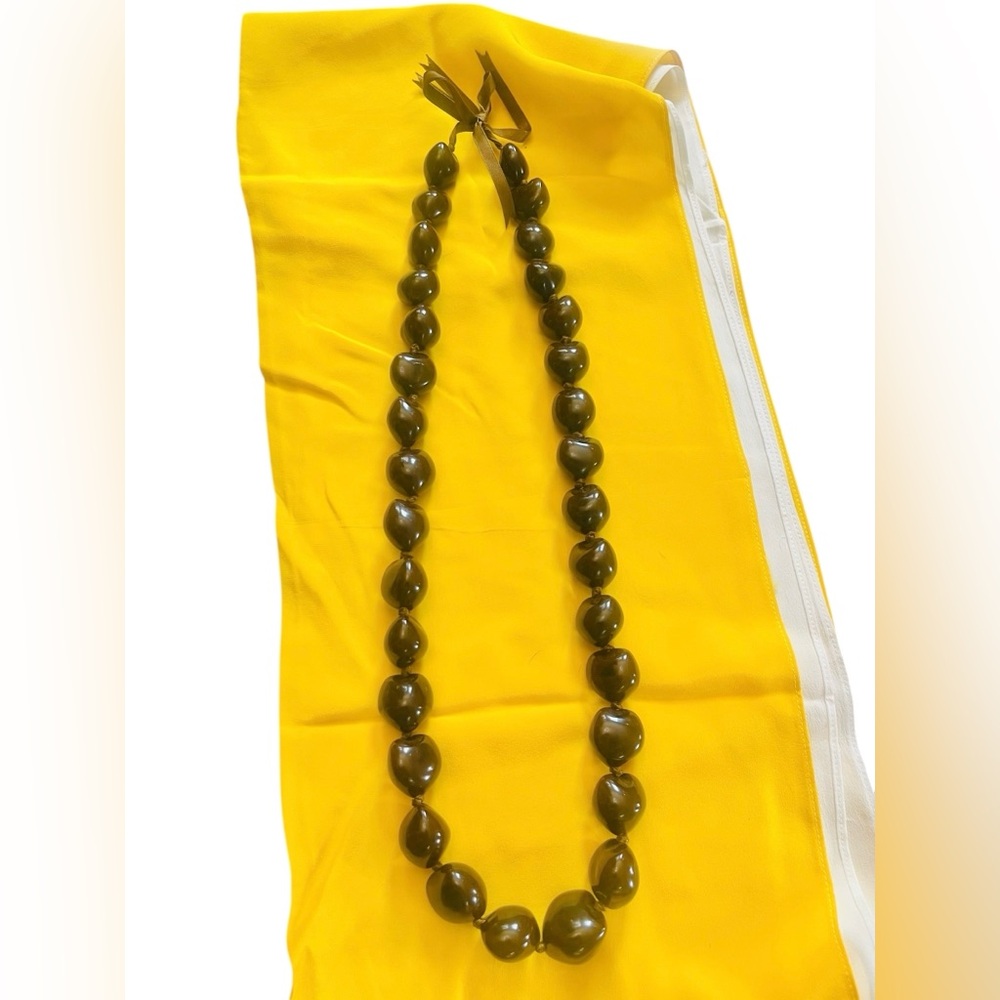 Brown Hawaiian Kukui Nut Beaded Lei Necklace 47" Tie Ribbon Vintage